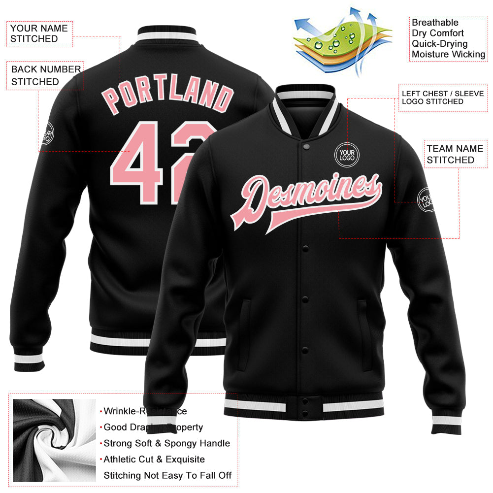 Custom Black Medium Pink-White Bomber Full-Snap Varsity Letterman Jacket view 5