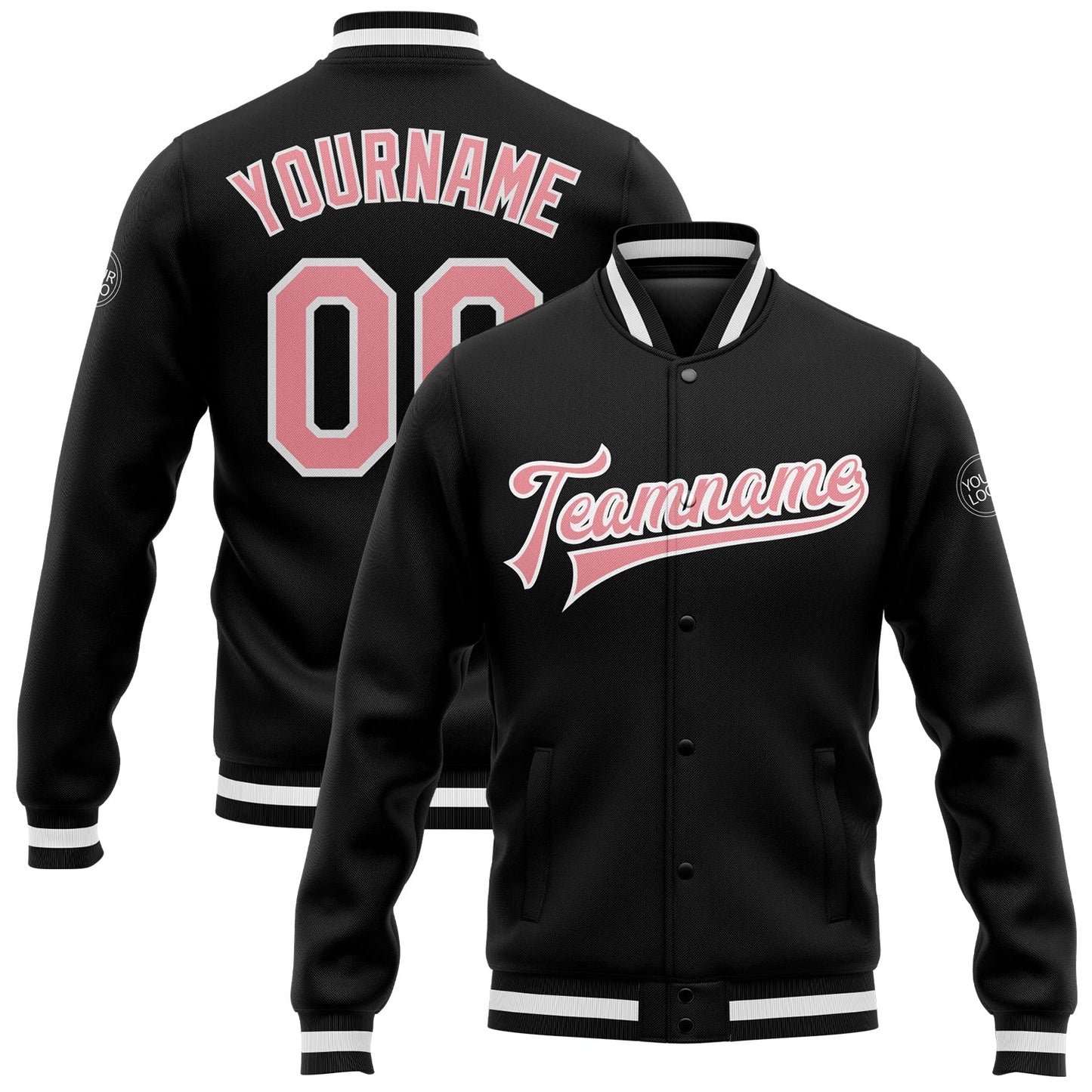 Custom Black Medium Pink-White Bomber Full-Snap Varsity Letterman Jacket - Main View