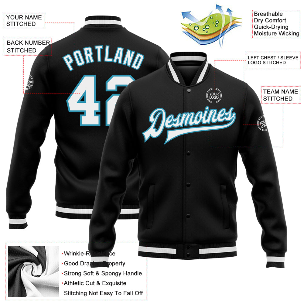 Custom Black White-Panther Blue Bomber Full-Snap Varsity Letterman Jacket view 5