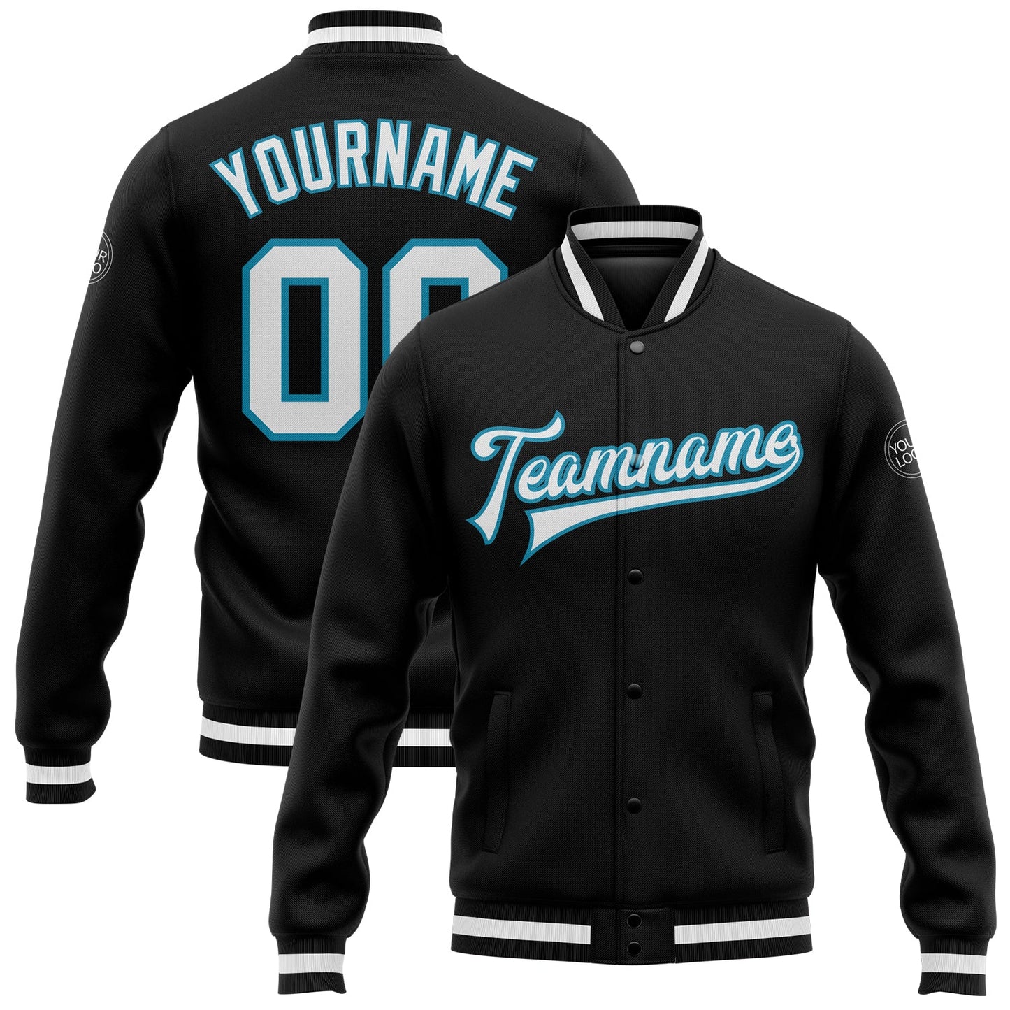 Custom Black White-Panther Blue Bomber Full-Snap Varsity Letterman Jacket - Main View