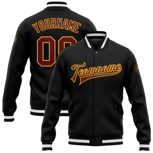 Custom Black Burgundy-Gold Bomber Full-Snap Varsity Letterman Jacket - Main View