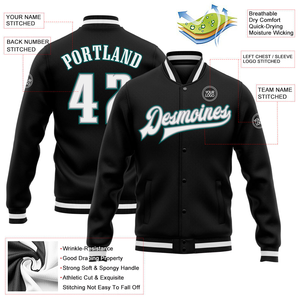 Custom Black White Gray-Midnight Green Bomber Full-Snap Varsity Letterman Jacket view 5