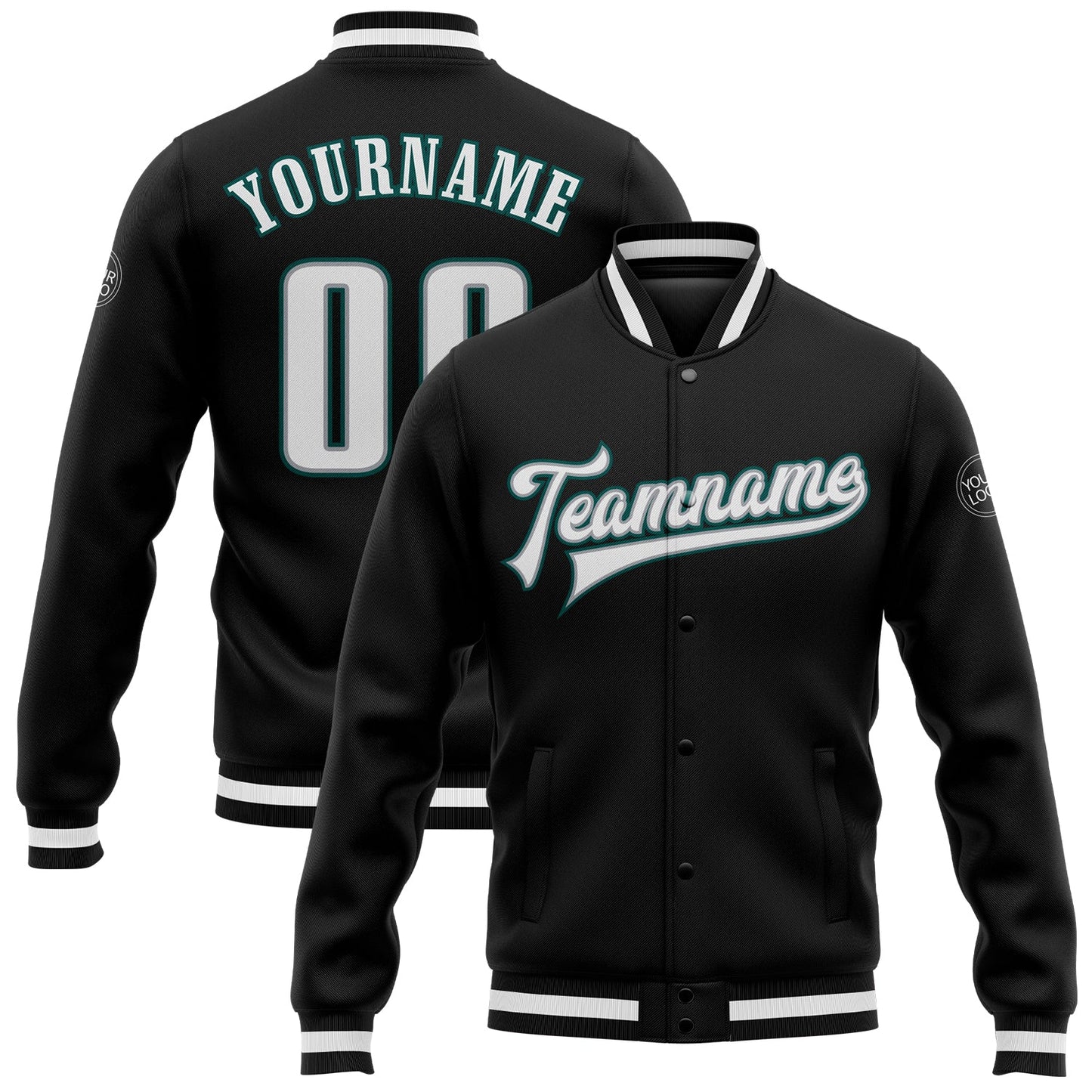 Custom Black White Gray-Midnight Green Bomber Full-Snap Varsity Letterman Jacket - Main View