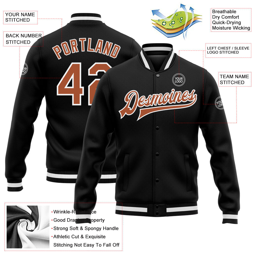 Custom Black Texas Orange-White Bomber Full-Snap Varsity Letterman Jacket view 5