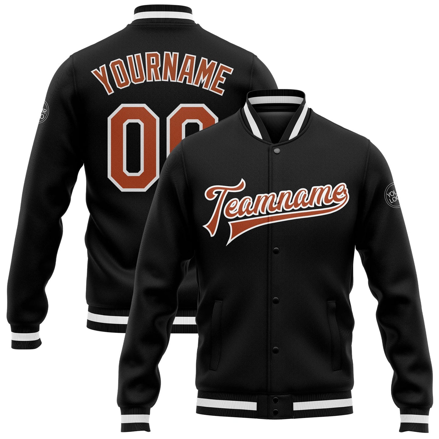 Custom Black Texas Orange-White Bomber Full-Snap Varsity Letterman Jacket - Main View