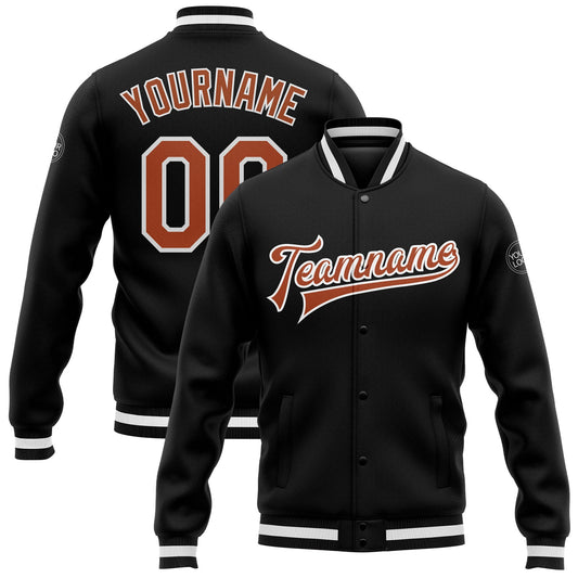 Custom Black Texas Orange-White Bomber Full-Snap Varsity Letterman Jacket - Main View
