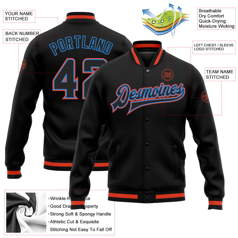 Custom Black Black Powder Blue-Orange Bomber Full-Snap Varsity Letterman Jacket view 5