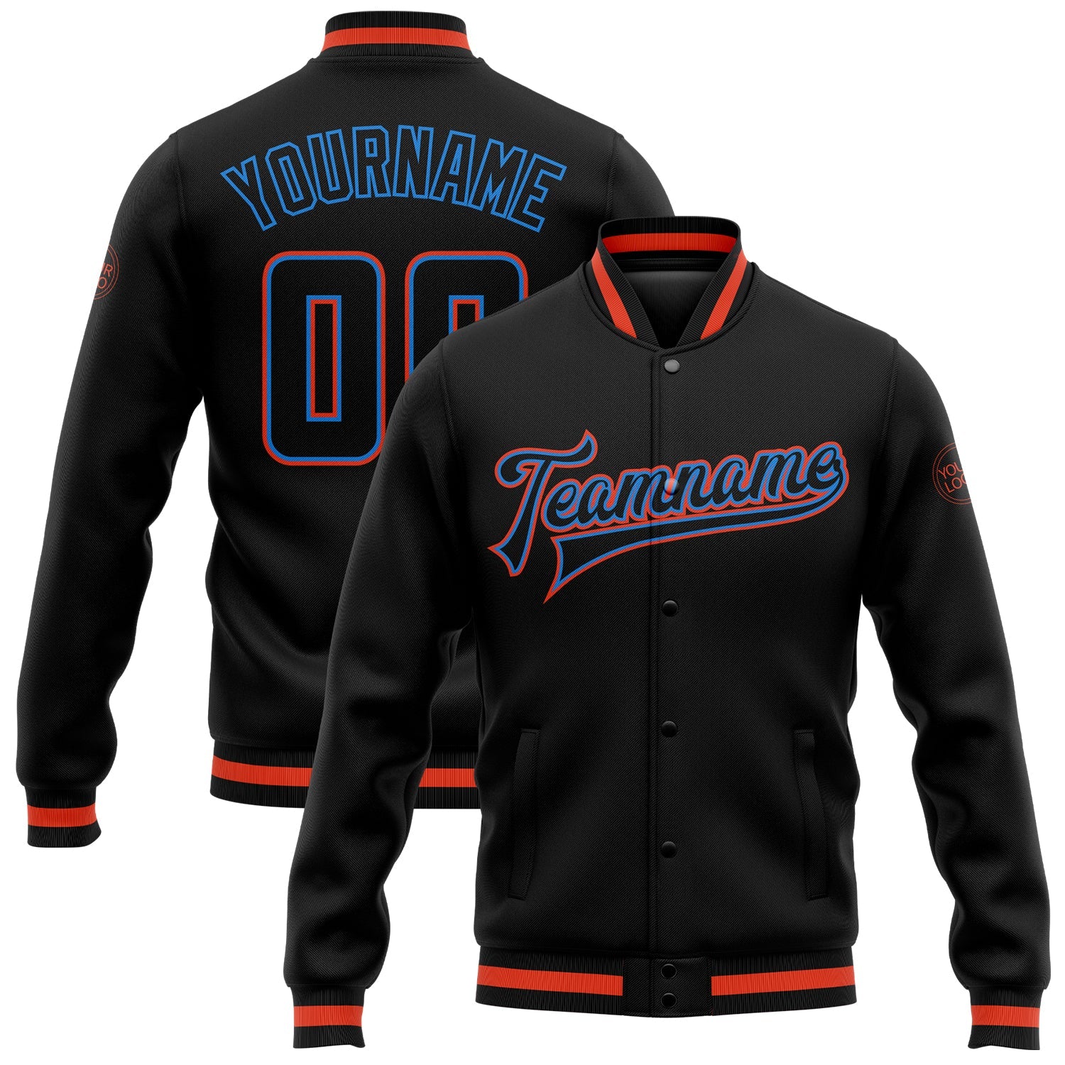 Custom Black Black Powder Blue-Orange Bomber Full-Snap Varsity Letterman Jacket - Main View