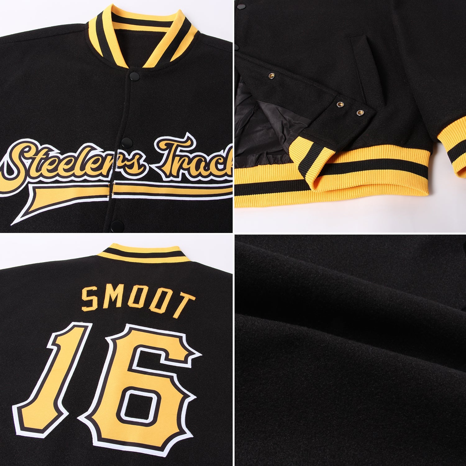 Custom Black Gold-White Bomber Full-Snap Varsity Letterman Jacket view 4