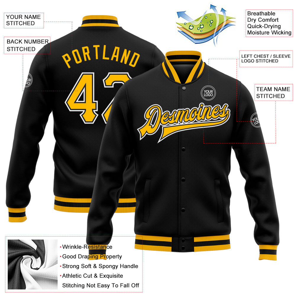 Custom Black Gold-White Bomber Full-Snap Varsity Letterman Jacket view 5