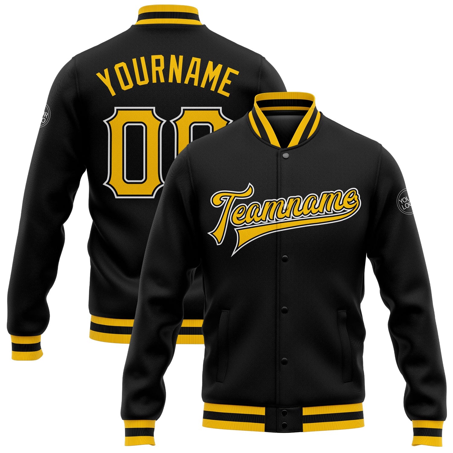 Custom Black Gold-White Bomber Full-Snap Varsity Letterman Jacket - Main View
