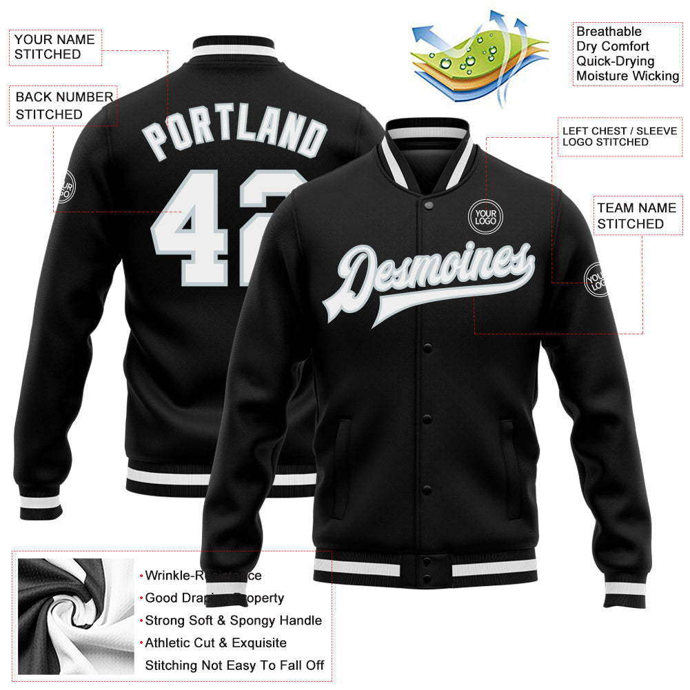 Custom Black White-Silver Bomber Full-Snap Varsity Letterman Jacket view 5