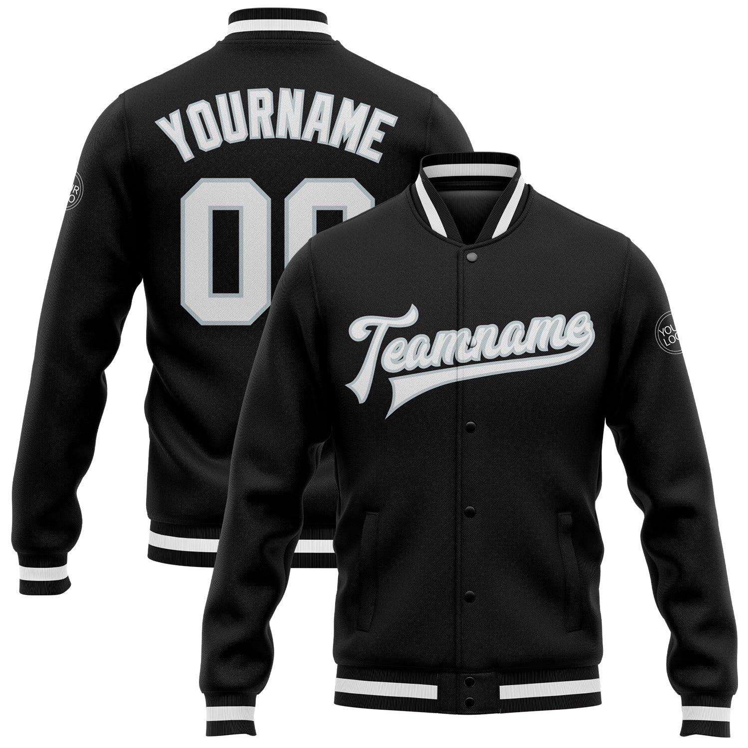 Custom Black White-Silver Bomber Full-Snap Varsity Letterman Jacket - Main View