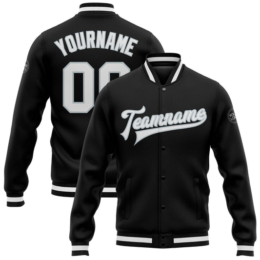 Custom Black White-Silver Bomber Full-Snap Varsity Letterman Jacket - Main View