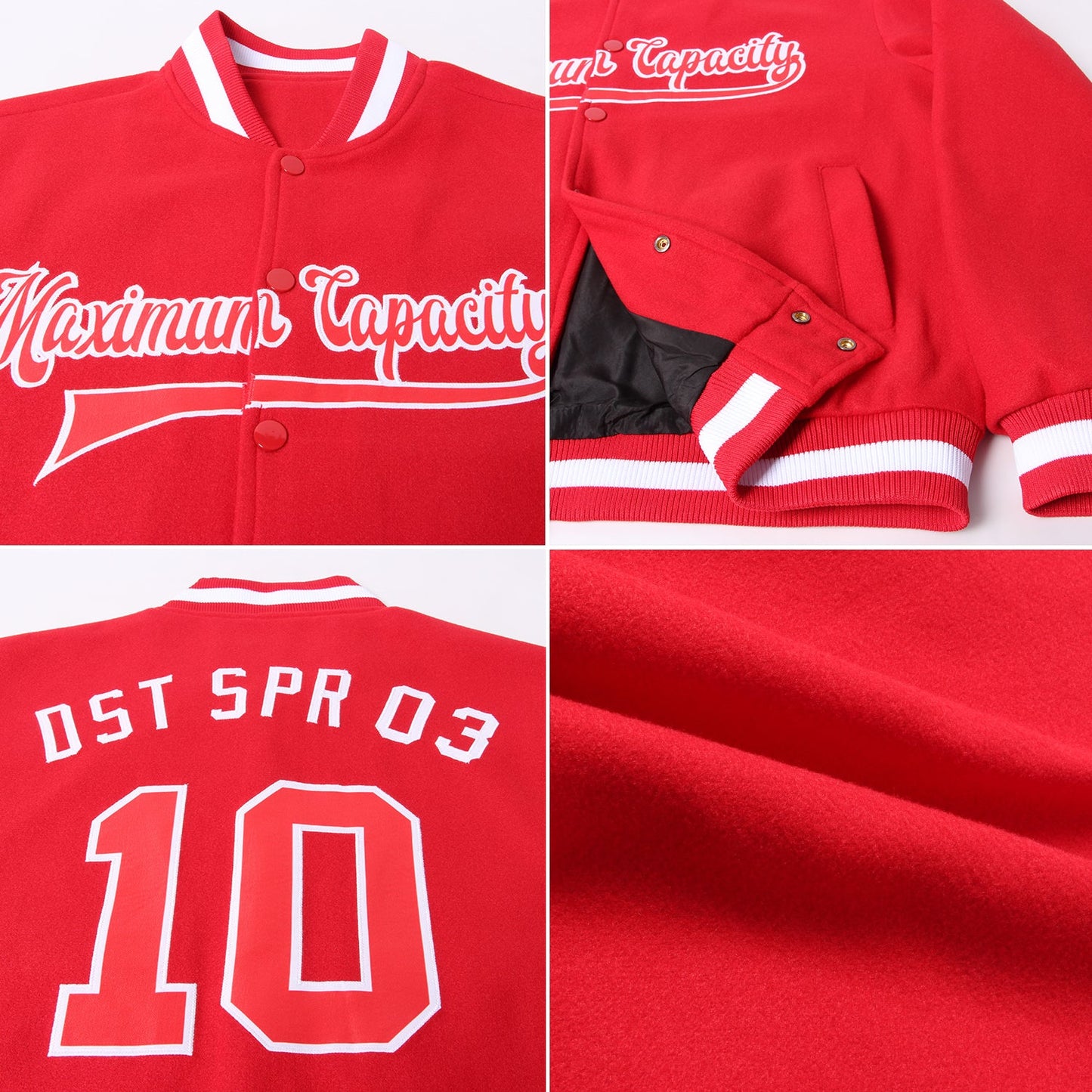Custom Red Red-White Bomber Full-Snap Varsity Letterman Jacket view 4