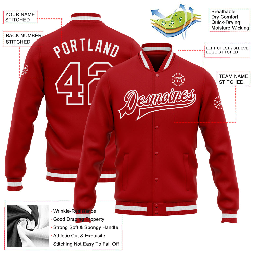 Custom Red Red-White Bomber Full-Snap Varsity Letterman Jacket view 5