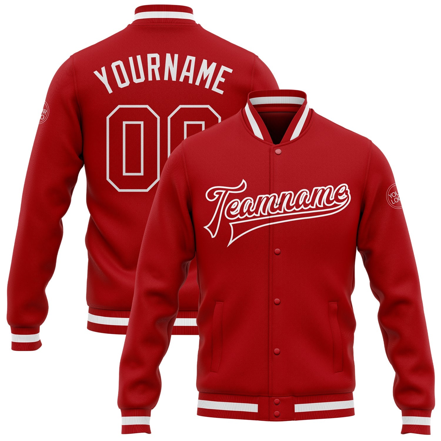 Custom Red Red-White Bomber Full-Snap Varsity Letterman Jacket - Main View