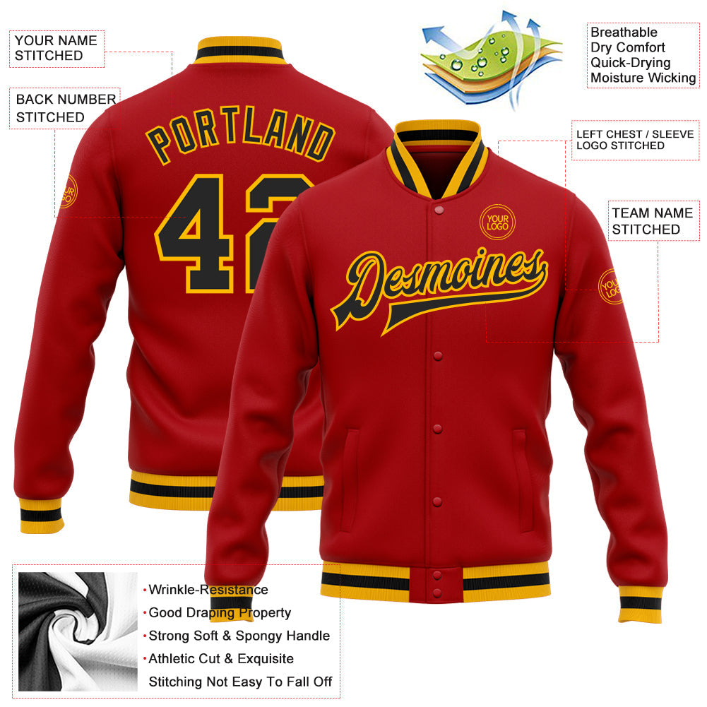 Custom Red Black-Gold Bomber Full-Snap Varsity Letterman Jacket view 5