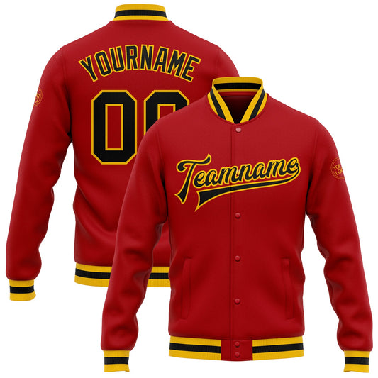 Custom Red Black-Gold Bomber Full-Snap Varsity Letterman Jacket - Main View