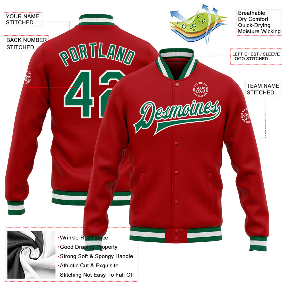 Custom Red Kelly Green-White Bomber Full-Snap Varsity Letterman Jacket view 5