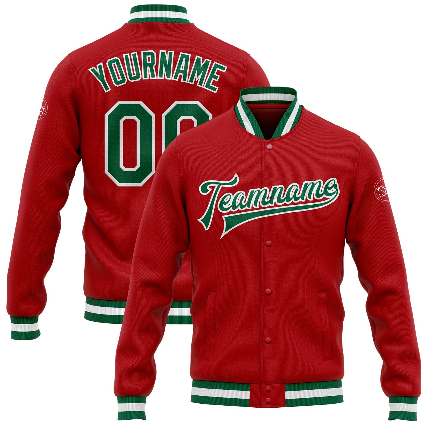 Custom Red Kelly Green-White Bomber Full-Snap Varsity Letterman Jacket - Main View