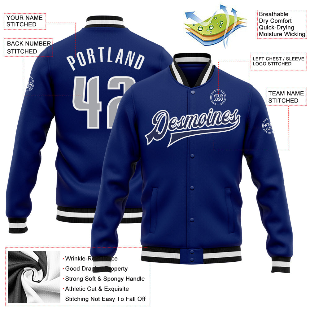 Custom Royal Gray-Navy Bomber Full-Snap Varsity Letterman Jacket view 5