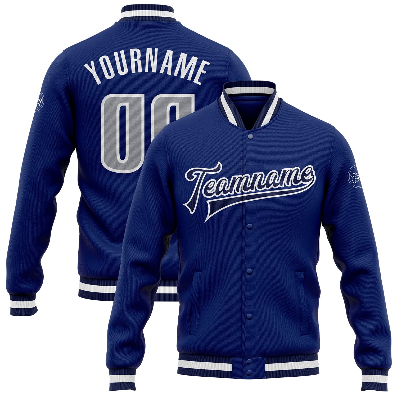 Custom Royal Gray-Navy Bomber Full-Snap Varsity Letterman Jacket - Main View
