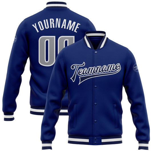 Custom Royal Gray-Navy Bomber Full-Snap Varsity Letterman Jacket - Main View