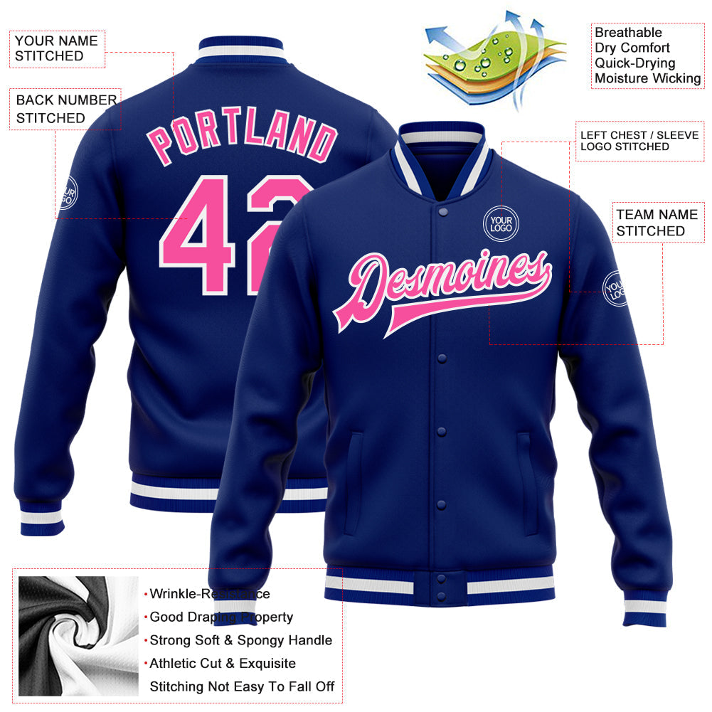 Custom Royal Pink-White Bomber Full-Snap Varsity Letterman Jacket view 5