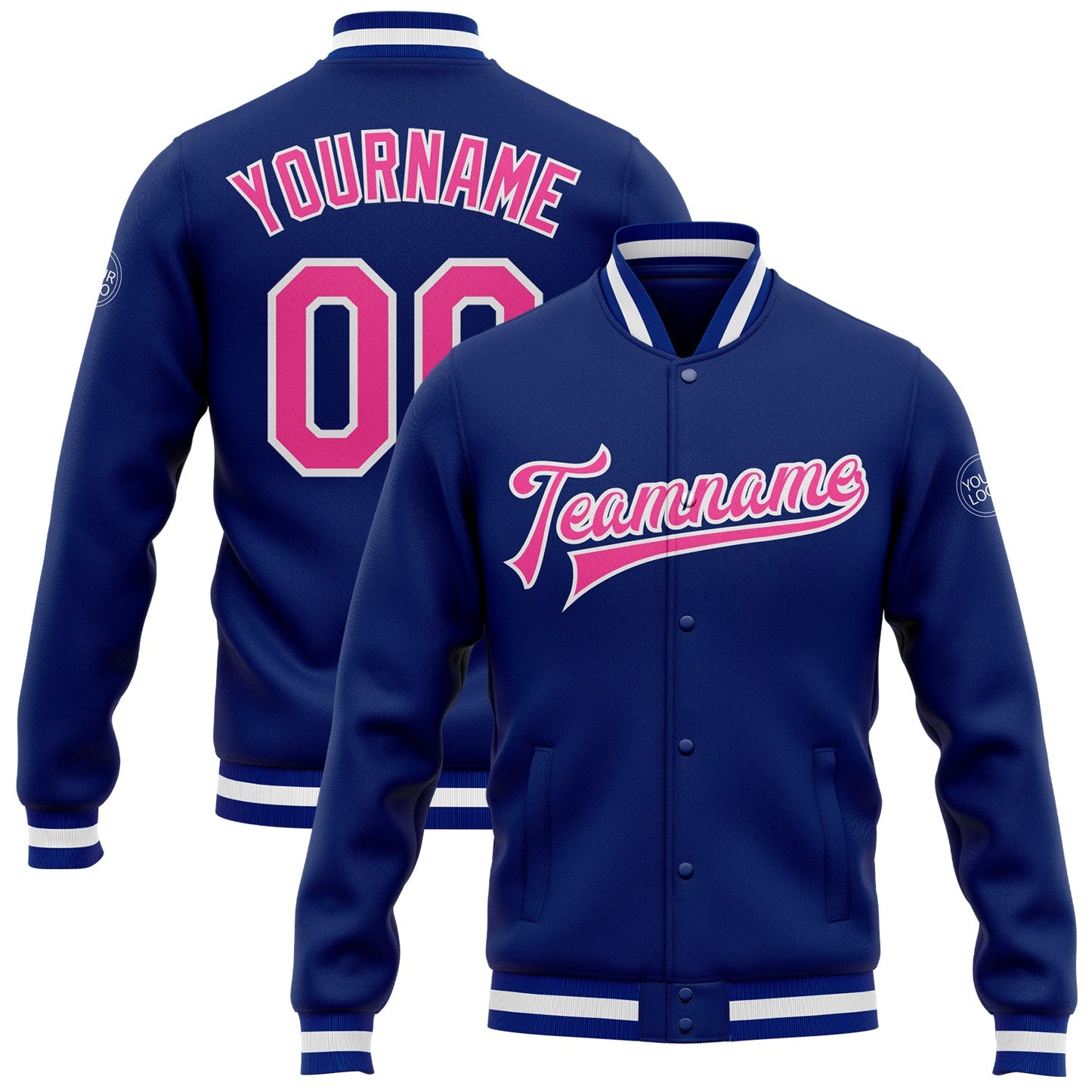 Custom Royal Pink-White Bomber Full-Snap Varsity Letterman Jacket - Main View