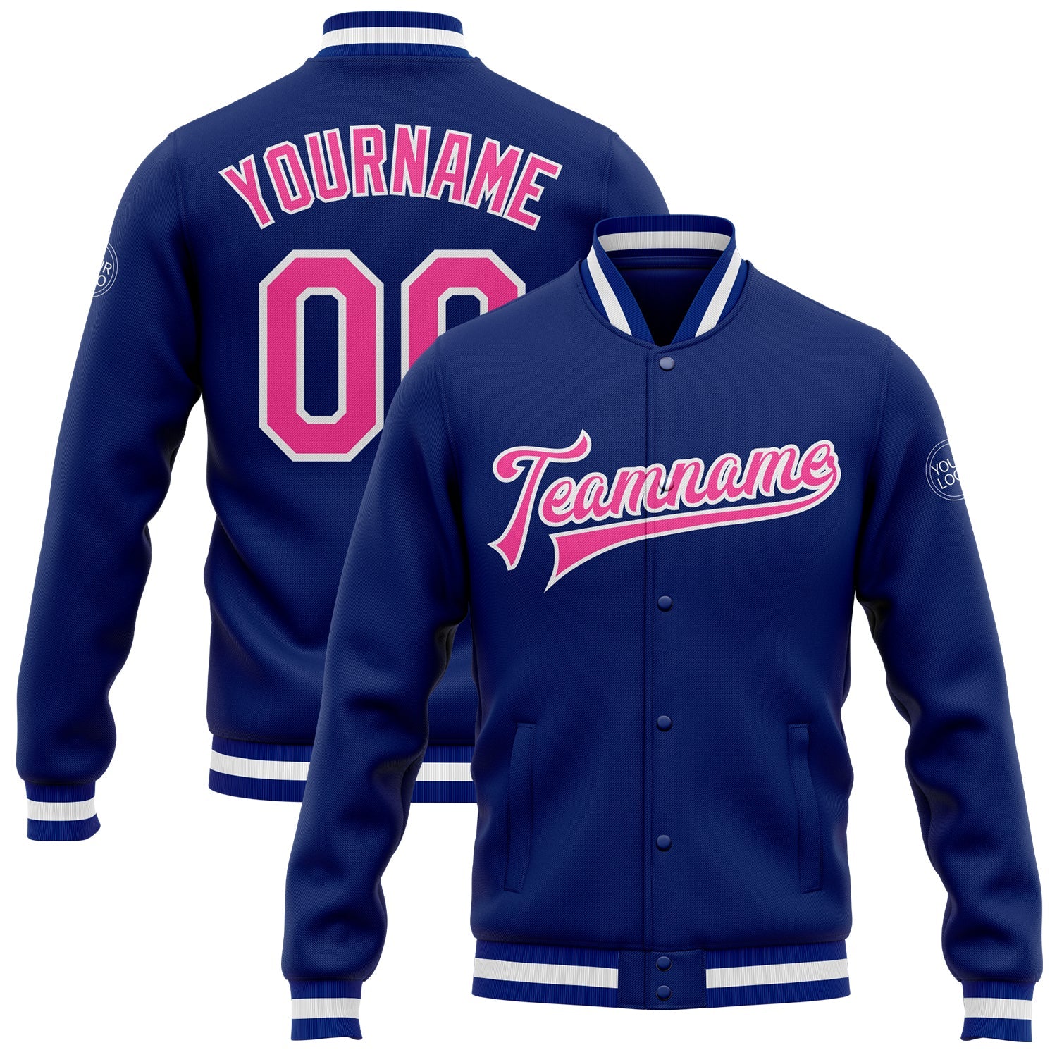Custom Royal Pink-White Bomber Full-Snap Varsity Letterman Jacket - Main View