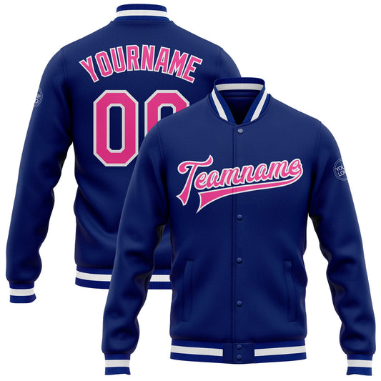 Custom Royal Pink-White Bomber Full-Snap Varsity Letterman Jacket - Main View