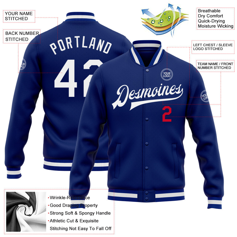 Custom Royal White-Red Bomber Full-Snap Varsity Letterman Jacket view 5
