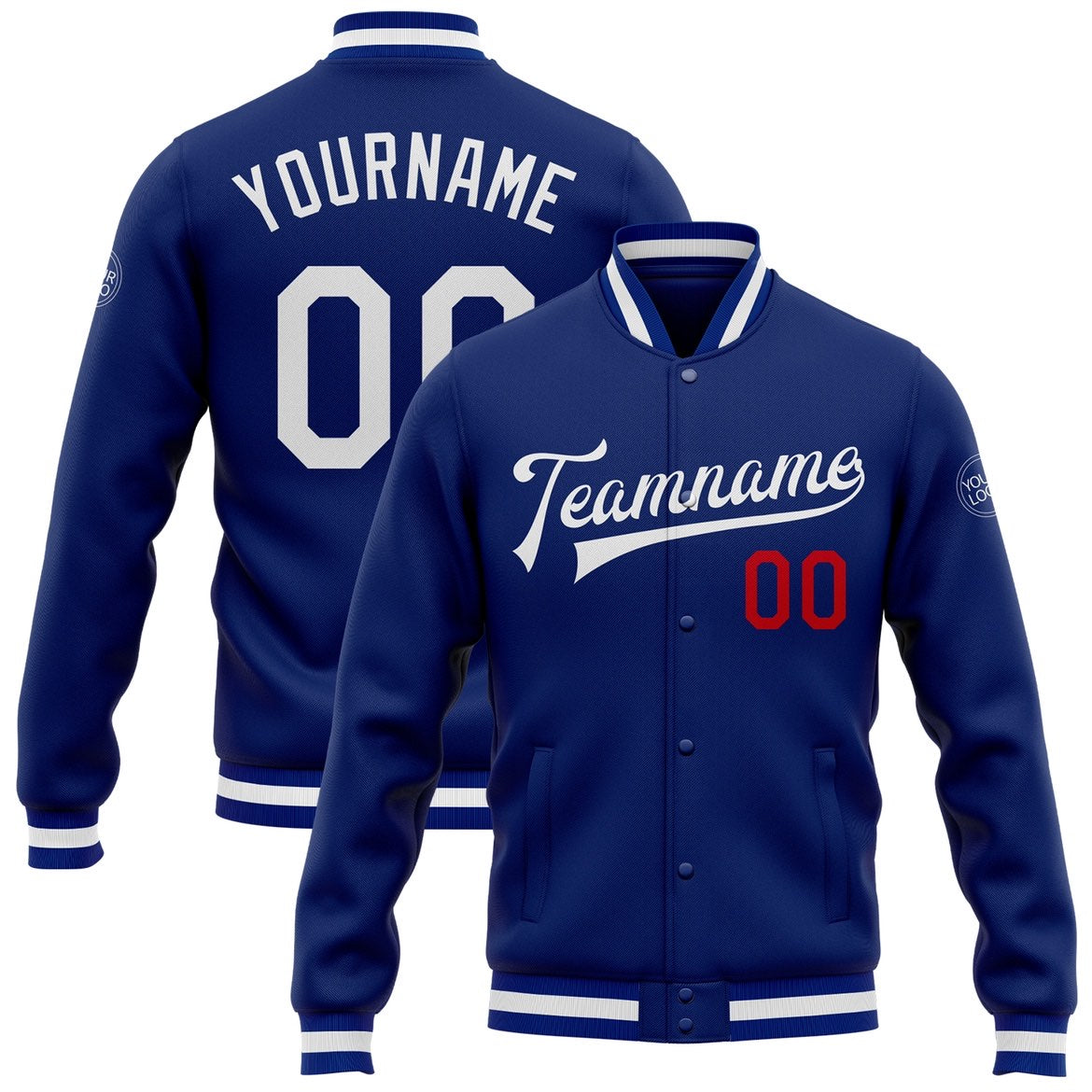Custom Royal White-Red Bomber Full-Snap Varsity Letterman Jacket - Main View