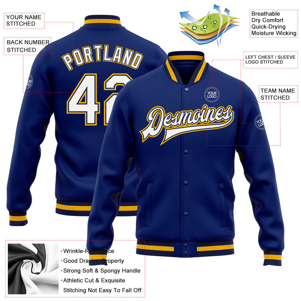 Custom Royal White Navy-Gold Bomber Full-Snap Varsity Letterman Jacket view 5