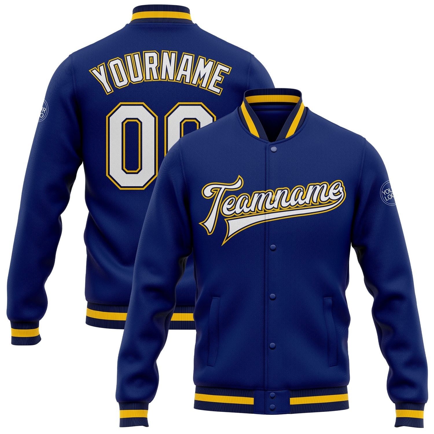 Custom Royal White Navy-Gold Bomber Full-Snap Varsity Letterman Jacket - Main View