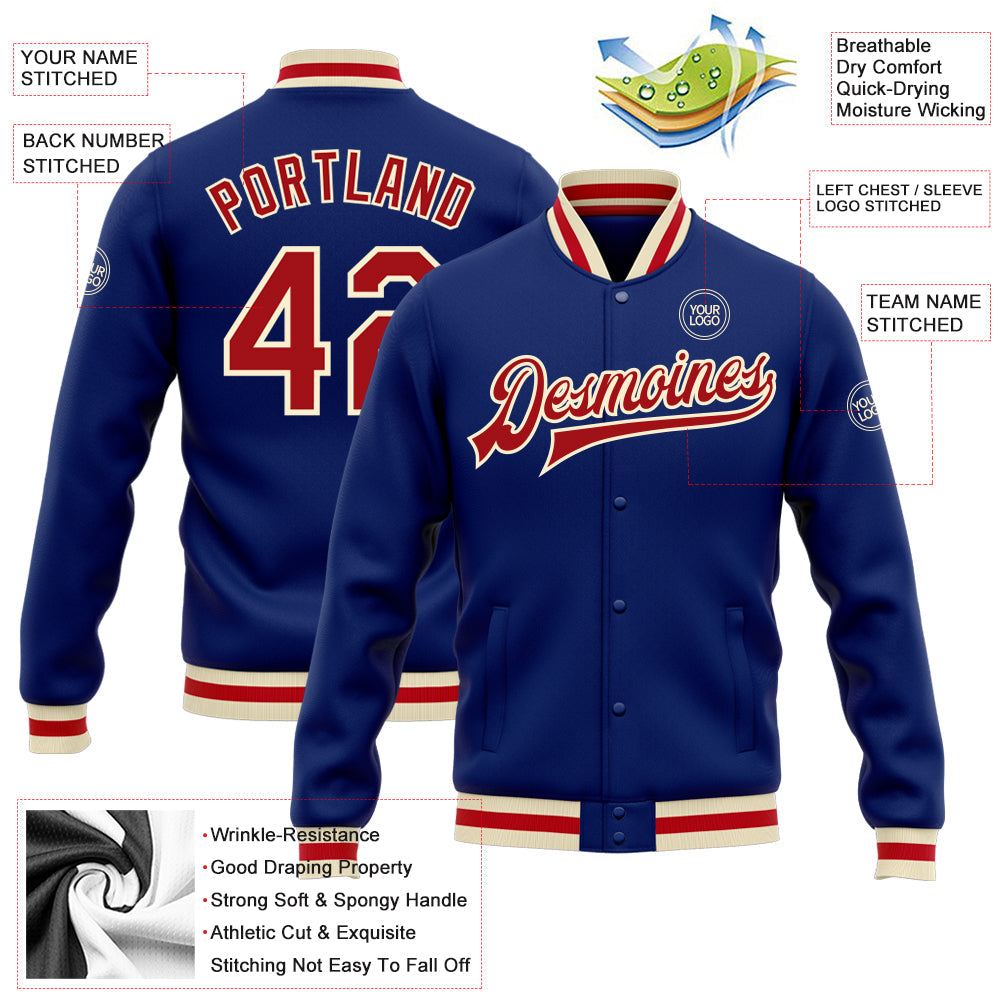 Custom Royal Red-Cream Bomber Full-Snap Varsity Letterman Jacket view 5