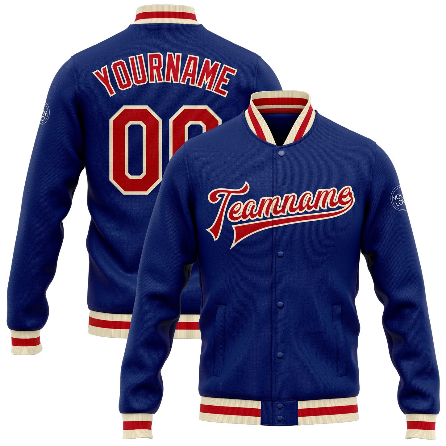 Custom Royal Red-Cream Bomber Full-Snap Varsity Letterman Jacket - Main View