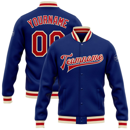 Custom Royal Red-Cream Bomber Full-Snap Varsity Letterman Jacket - Main View
