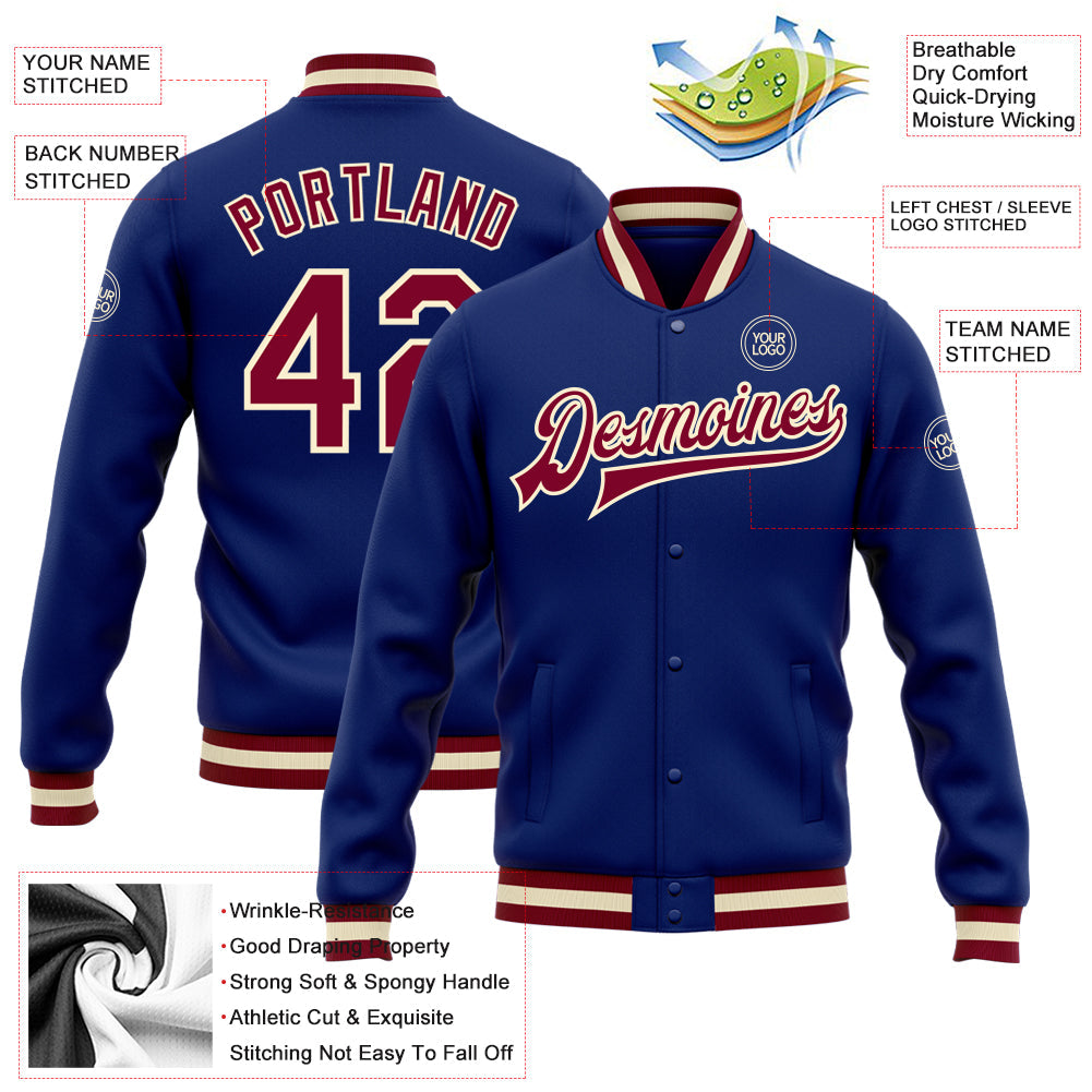 Custom Royal Maroon-Cream Bomber Full-Snap Varsity Letterman Jacket view 5