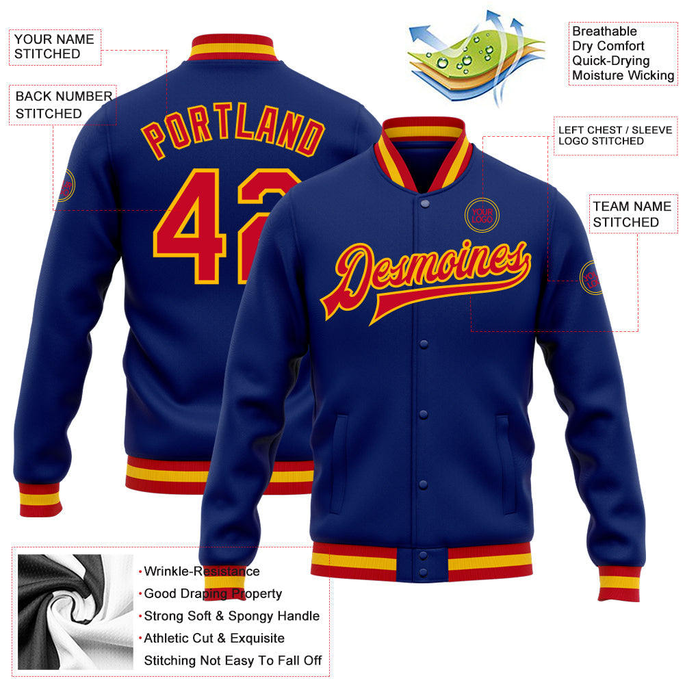 Custom Royal Red-Gold Bomber Full-Snap Varsity Letterman Jacket view 5