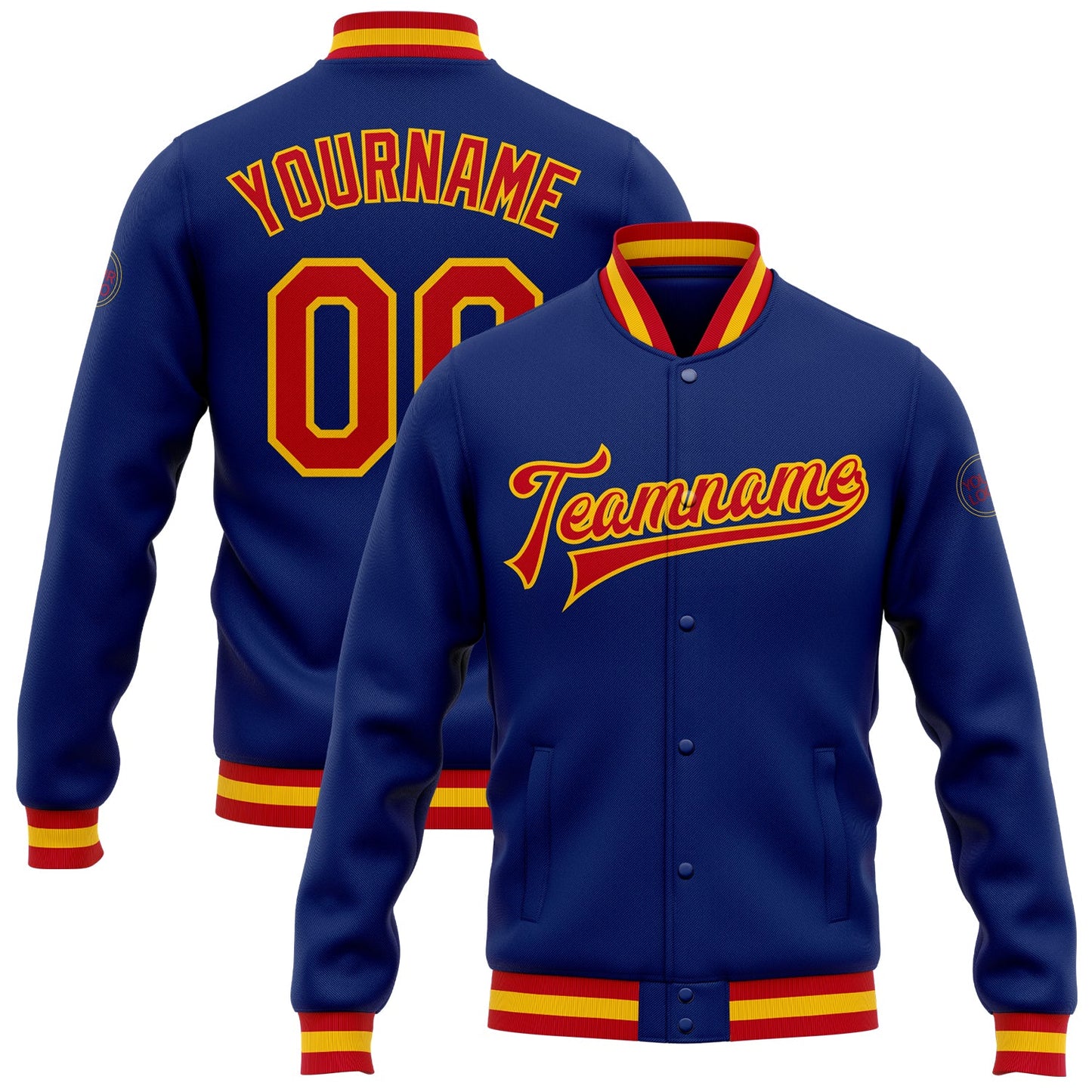 Custom Royal Red-Gold Bomber Full-Snap Varsity Letterman Jacket - Main View