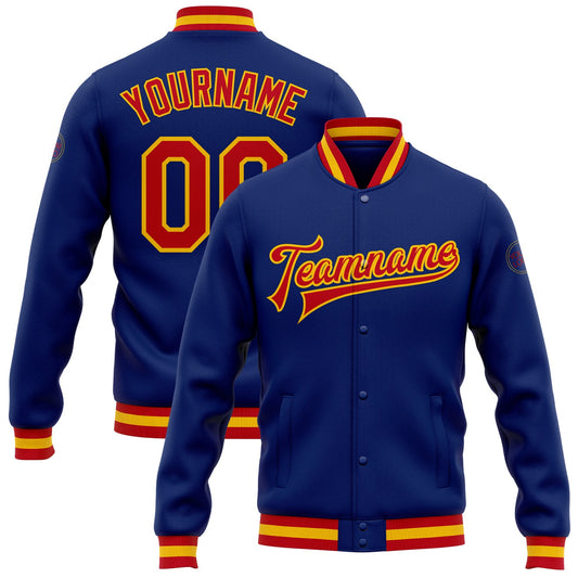 Custom Royal Red-Gold Bomber Full-Snap Varsity Letterman Jacket - Main View