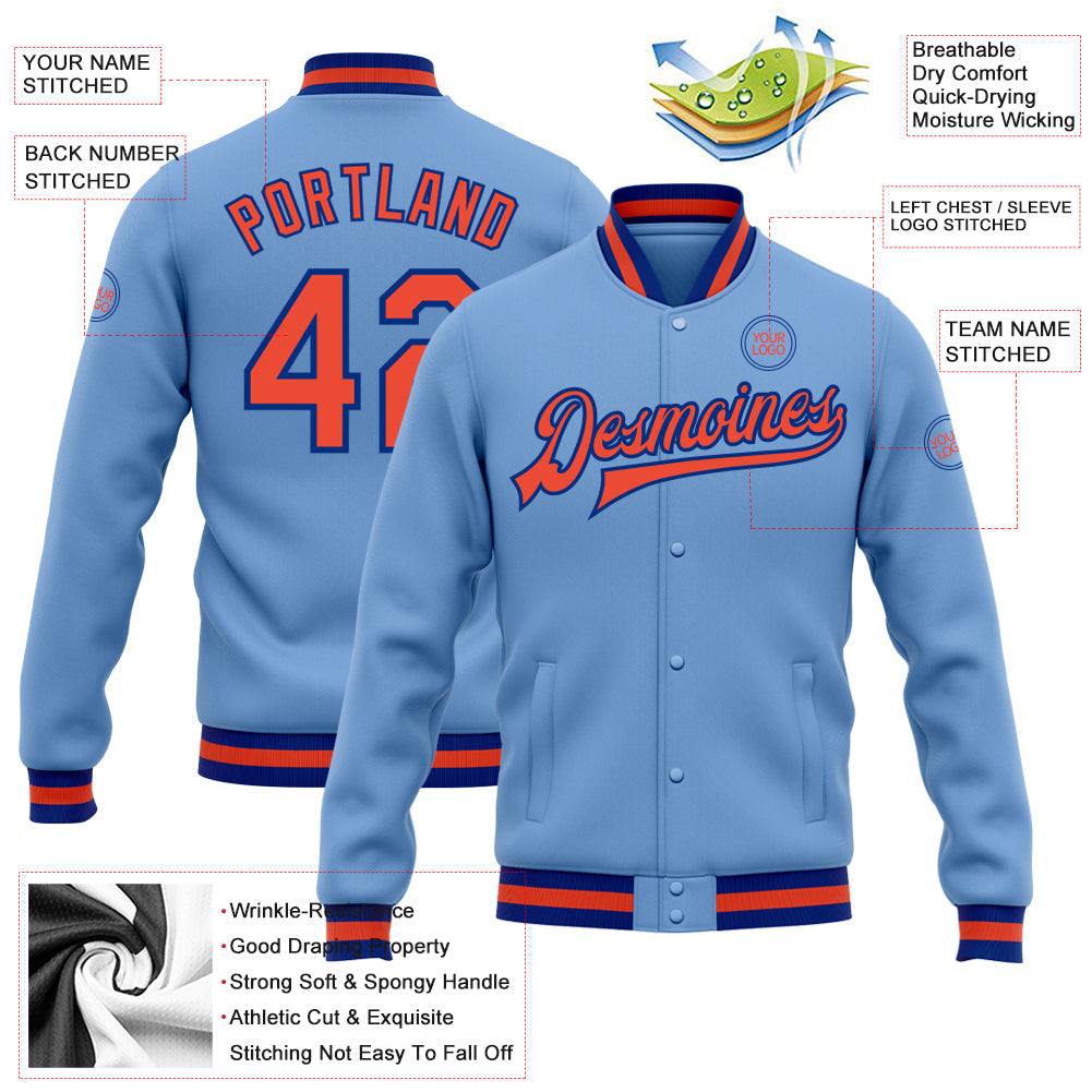 Custom Light Blue Orange-Royal Bomber Full-Snap Varsity Letterman Jacket view 5