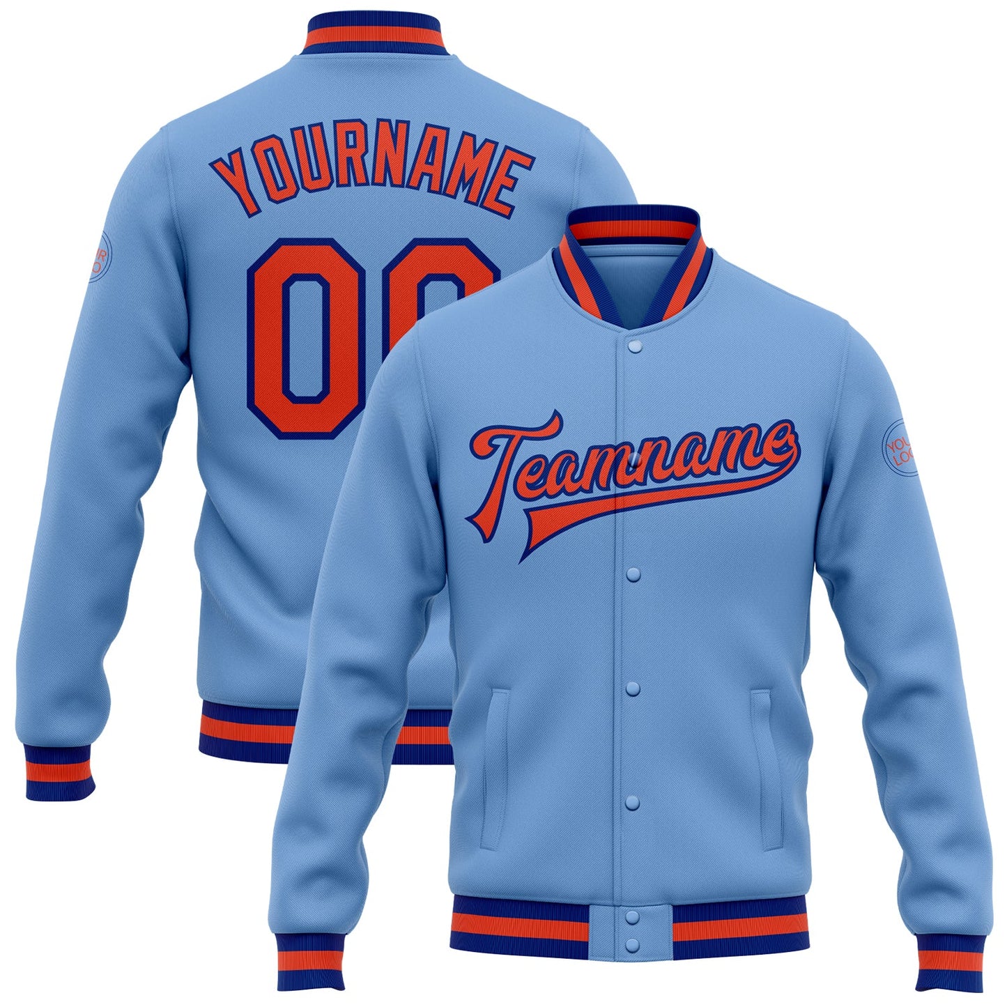 Custom Light Blue Orange-Royal Bomber Full-Snap Varsity Letterman Jacket - Main View