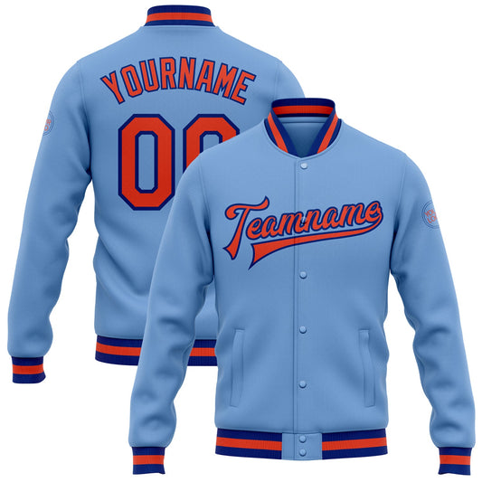 Custom Light Blue Orange-Royal Bomber Full-Snap Varsity Letterman Jacket - Main View