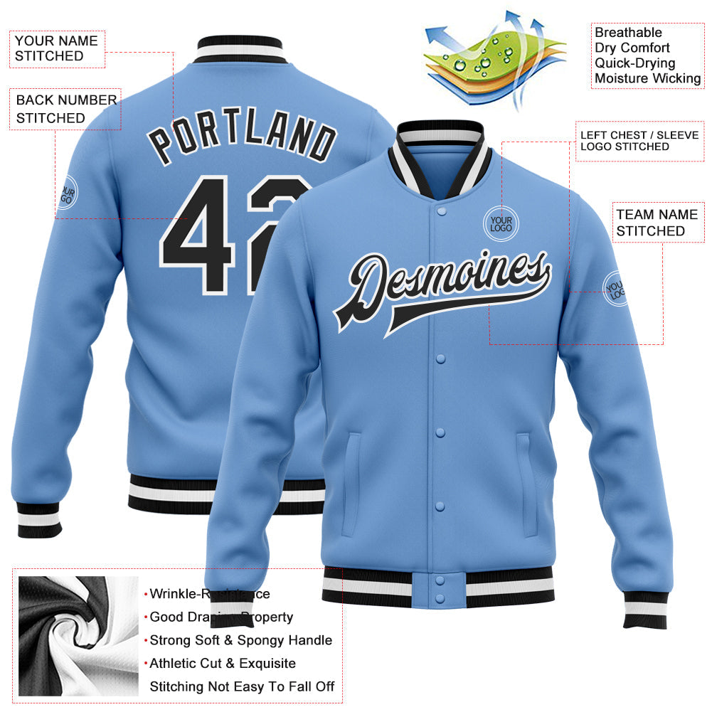 Custom Light Blue Black-White Bomber Full-Snap Varsity Letterman Jacket view 5