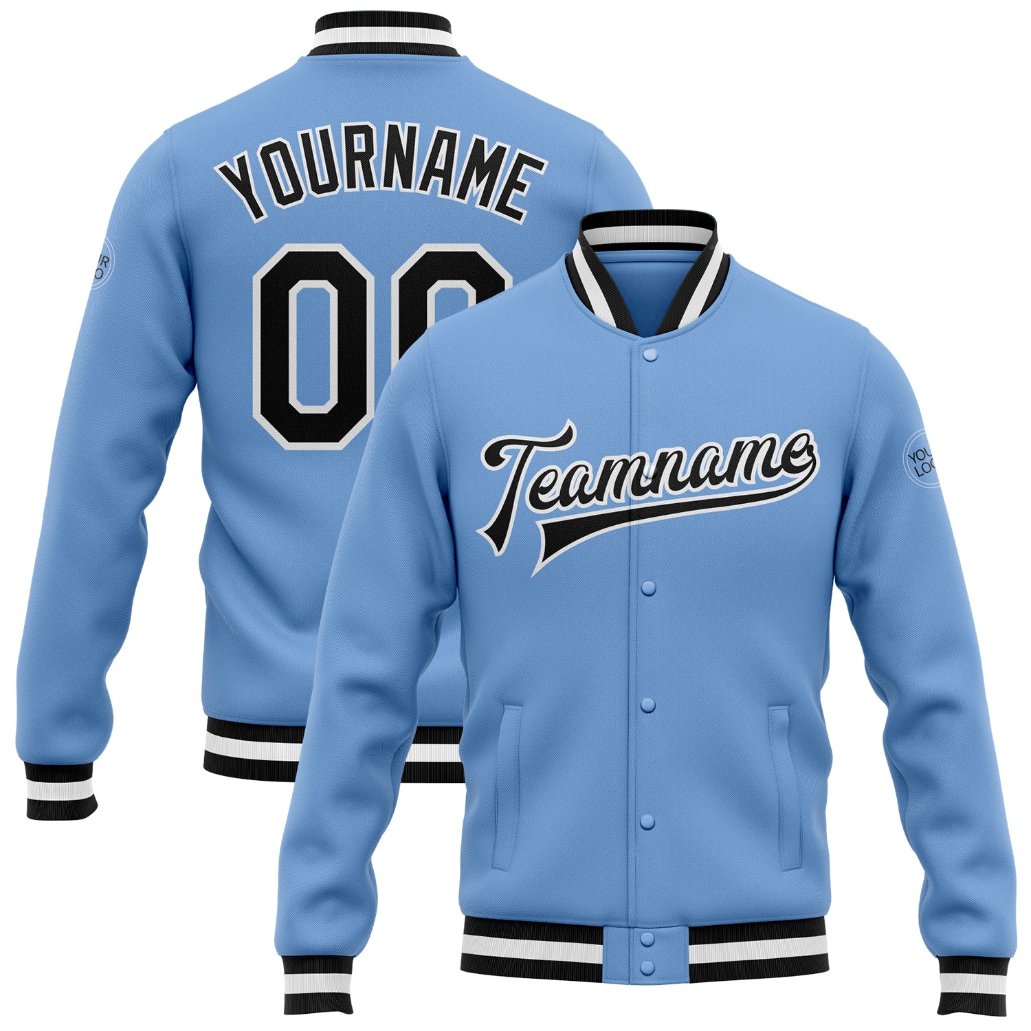 Custom Light Blue Black-White Bomber Full-Snap Varsity Letterman Jacket - Main View