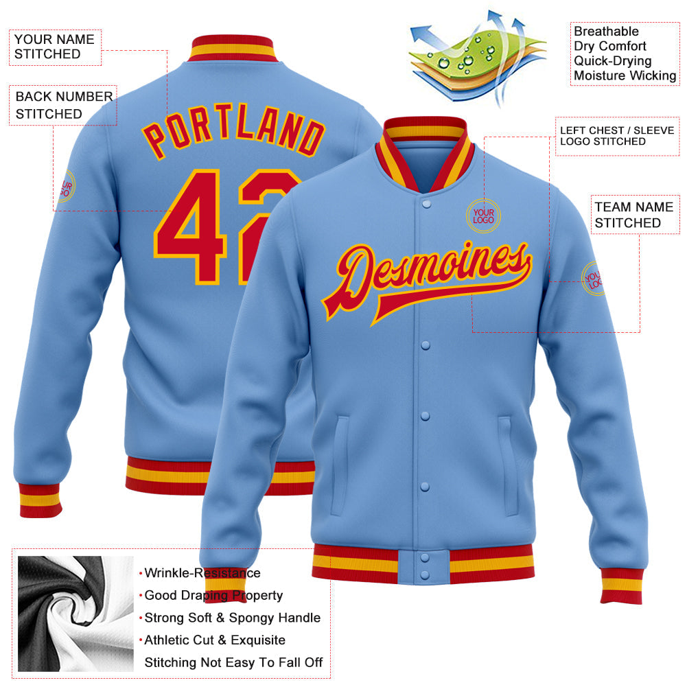 Custom Light Blue Red-Gold Bomber Full-Snap Varsity Letterman Jacket view 5