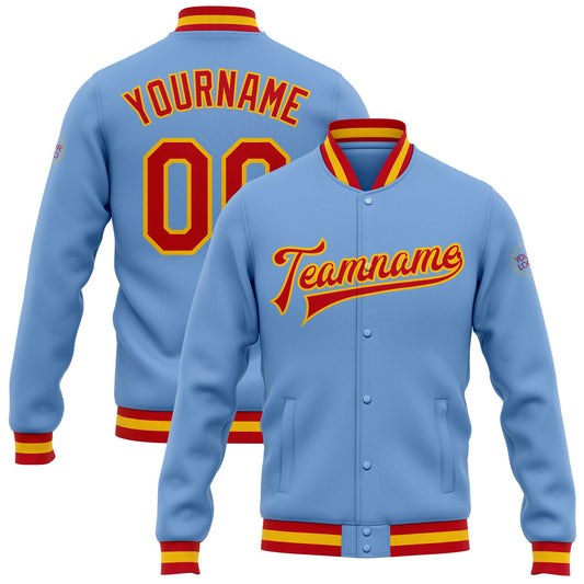 Custom Light Blue Red-Gold Bomber Full-Snap Varsity Letterman Jacket - Main View